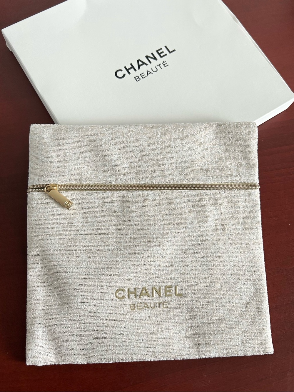 CHANEL Beige & Gold Textured Cosmetic Pouch
